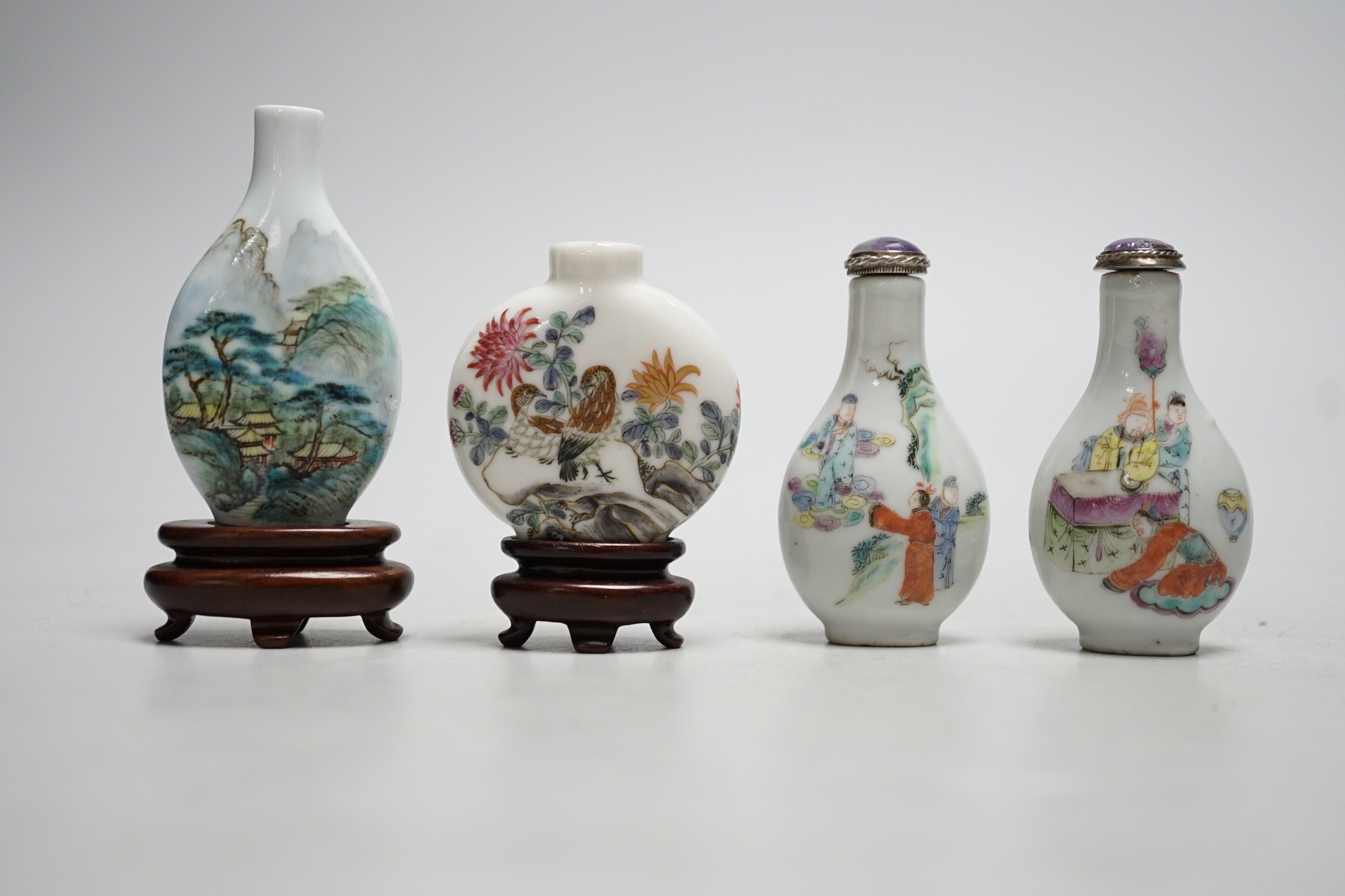 Four Chinese enamelled porcelain snuff bottles, Qing and later